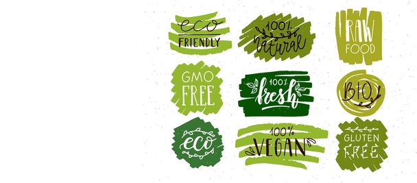 Placas y etiquetas dibujadas a mano con embalaje de productos orgánicos
 - Vector, imagen