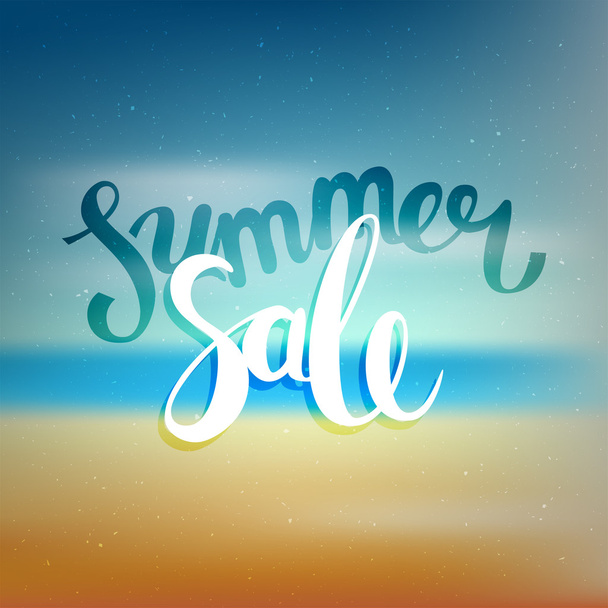 Hello summer, summer sale. Poster on beach background. Handdrawn, lettering design for invitation and greeting card. Vector Illustration. - ベクター画像