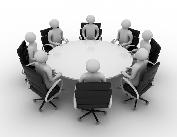 3d  people - session behind a round table. 3d image. Isolated - Photo, Image