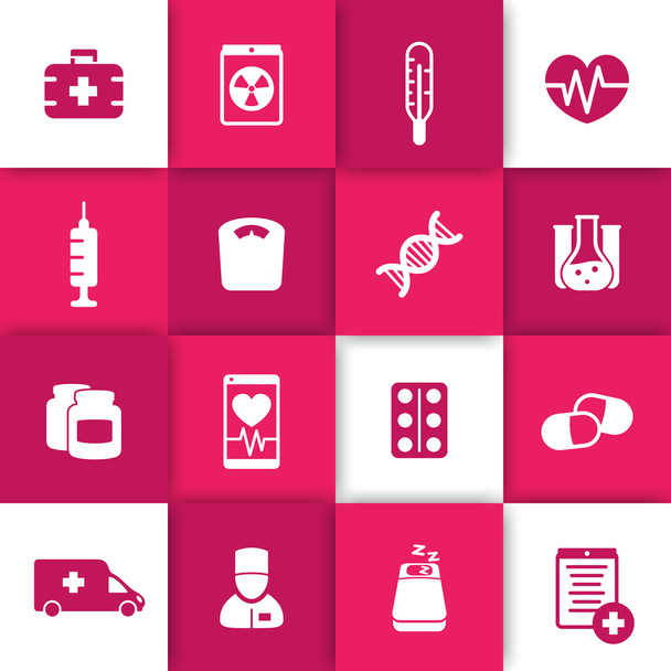 icônes de médecine, soins de santé, ambulance, hôpital, seringue, vaccin, pilules, médicaments, pictogrammes de médecine, ensemble d'icônes plates, illustration vectorielle
 - Vecteur, image
