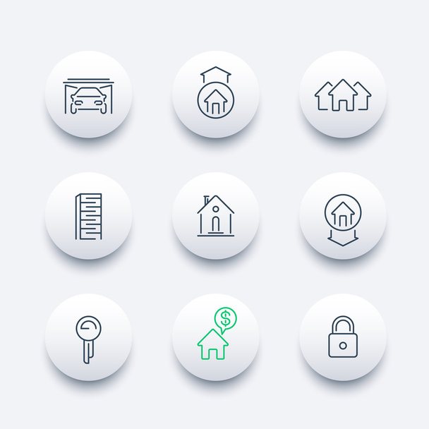 Real estate line icons, mortgage, key, rent, sale, loan, building, house for sale, property round modern icons set, vector illustration - Vettoriali, immagini