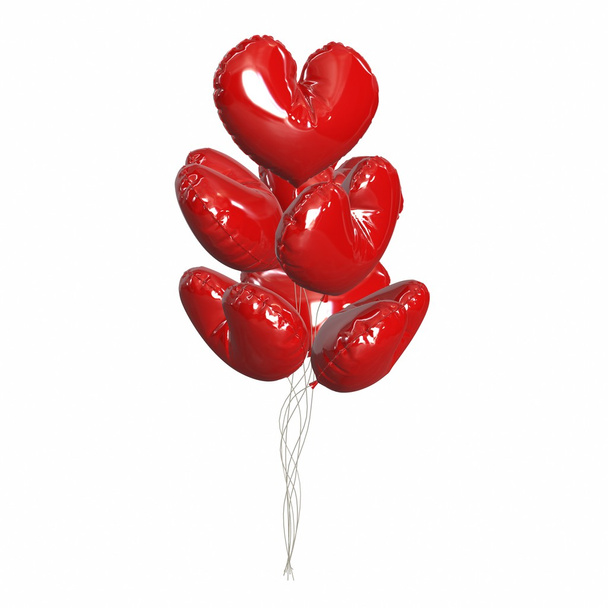 Μεγάλο μάτσο φωτεινά και λαμπερά κόκκινα μπαλόνια, σχήμα καρδιάς. - Φωτογραφία, εικόνα
