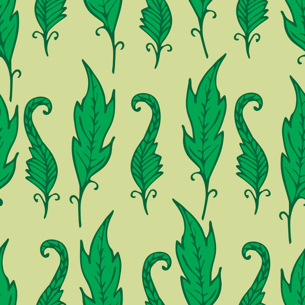 Repeating floral and feather pattern. Seamless texture with bright leaves. Green colors. Tropical background. Vector illustration. For textile, wrapping, wallpaper, cloth design.  - ベクター画像