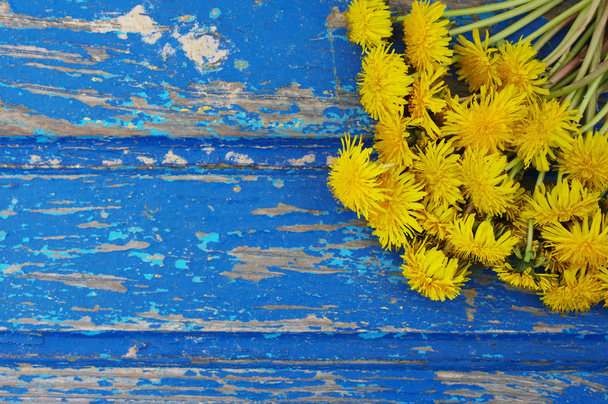 Dandelion flowers on the blue wooden background - Foto, immagini