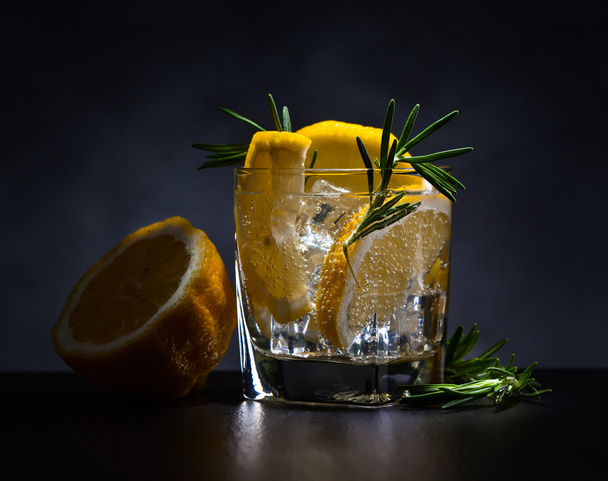 Alkoholisches Getränk mit Tonikum, Zitrone und Rosmarin  - Foto, Bild