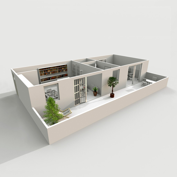 3D rendering wnętrz domu Apartament z balkonem:, kuchnia, sypialnia, łazienka, hall, wejście, pokój dzienny, drzwi, okna - Zdjęcie, obraz
