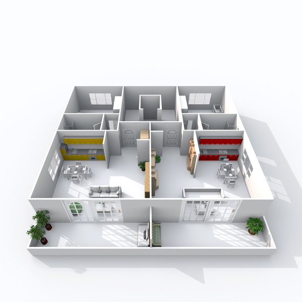 απόδοσης 3D εσωτερικό διπλό επιπλωμένο σπίτι διαμέρισμα με μπαλκόνι: δωμάτιο, κουζίνα, υπνοδωμάτιο, μπάνιο, αίθουσα, είσοδο, καθιστικό, πόρτα, παράθυρο - Φωτογραφία, εικόνα