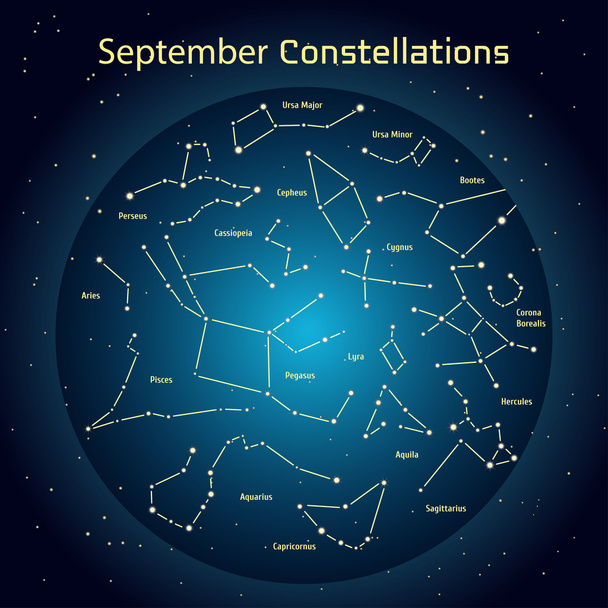 Vector εικονογράφηση των αστερισμών του ουρανού νύχτα τον Σεπτέμβριο. Λαμπερό ένα σκούρο μπλε κύκλος με αστέρια σε χώρο στοιχεία σχεδιασμού που σχετίζονται με την αστρονομία και την αστρολογία - Διάνυσμα, εικόνα