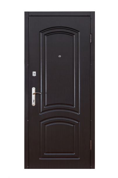 Black wooden closed door isolated on white  - Fotó, kép