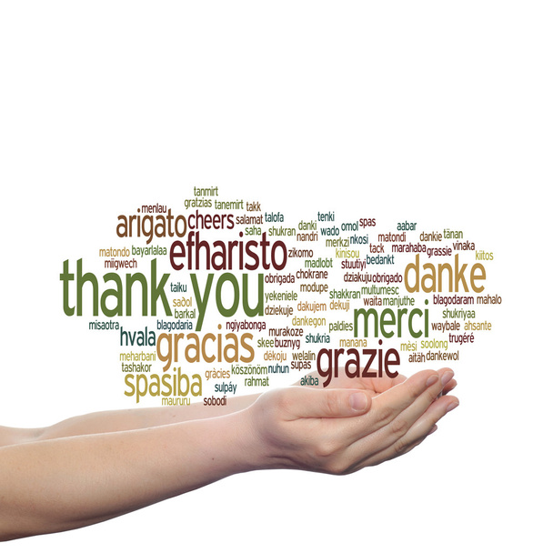 Koncepcja pojęciowy dziękuję streszczenie słowo cloud, które odbyły się w ręce w różnych językach lub wielojęzycznych dla edukacji lub Święto Dziękczynienia - Zdjęcie, obraz