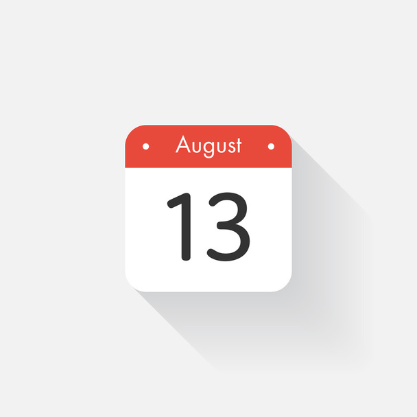 Kalendář ikona s dlouhý stín. Ploché styl. Datum, den a měsíc. Připomenutí. Vektorové ilustrace. Organizátor aplikace, aplikace symbolem. UI. Uživatelské rozhraní znamení. Srpna. 13 - Vektor, obrázek
