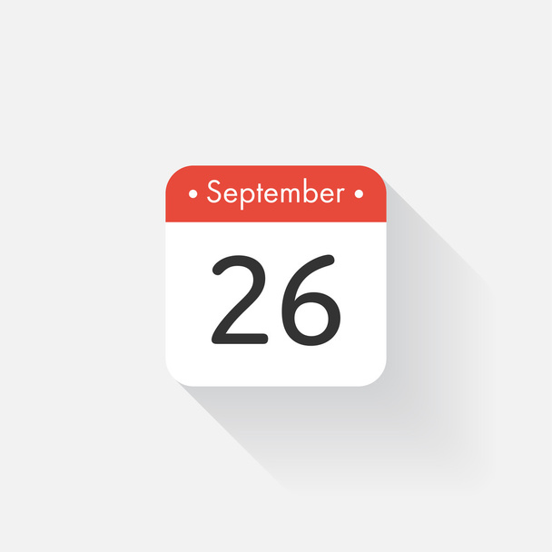 長い影を持つカレンダーアイコン。フラットスタイル。日付、日、月。思い出して。ベクトルイラスト。主催者アプリケーション、アプリのシンボル。UI 。ユーザーインターフェイスのサイン。9月。二六 - ベクター画像