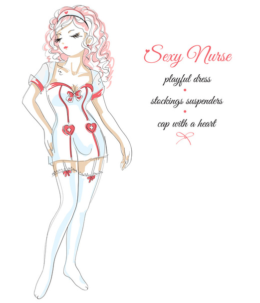 Young sexy nurse, colored sketch, graphic - Διάνυσμα, εικόνα