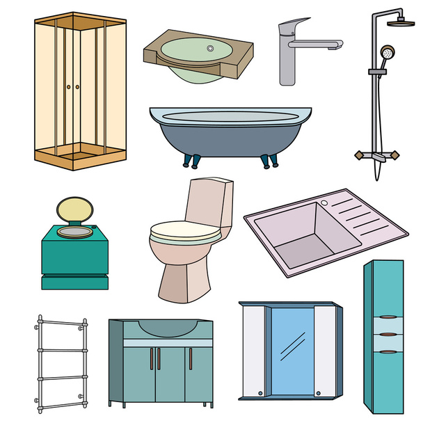 Um conjunto de itens coloridos para o banheiro e banheiro. Conjunto de ícones com contorno preto. Sanitários e móveis para o banheiro, vaso sanitário, cozinha. Ilustração 3D com assuntos separados.  - Vetor, Imagem