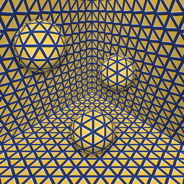 Three balls are moving on in the yellow blue expanding corner - Vector, Image