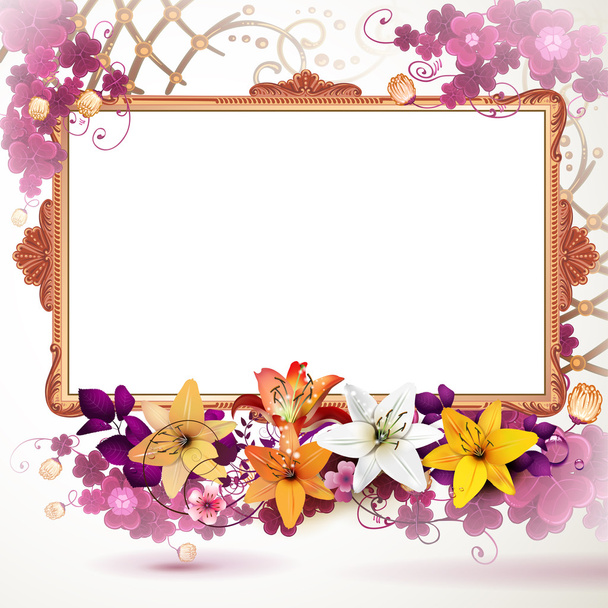 Golden frame with flowers - Vector, Image