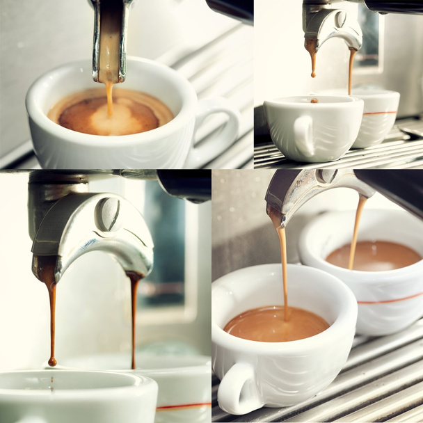 Collage of an espresso machine making a cup of coffee. - Фото, изображение