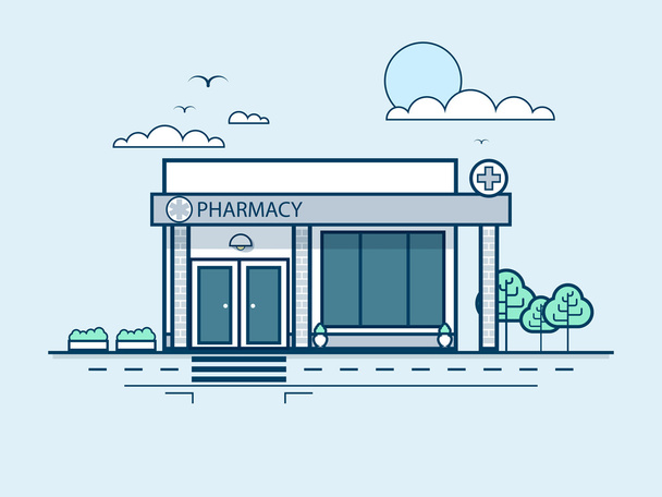 city street with pharmacy, modern architecture in line style - Vector, Image