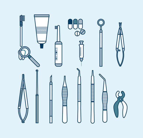 набор кабинета врача с стоматологическим оборудованием в линейном стиле
 - Вектор,изображение
