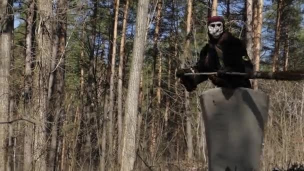 Baba Yaga Flying in the Forest. Show in Costume of Baba Yaga. - Filmati, video