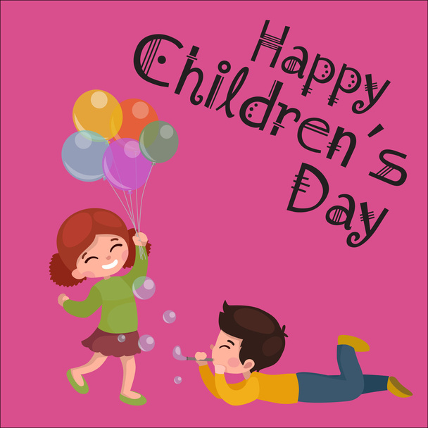Vector illustration kids playing, greeting card happy childrens day background - Vettoriali, immagini
