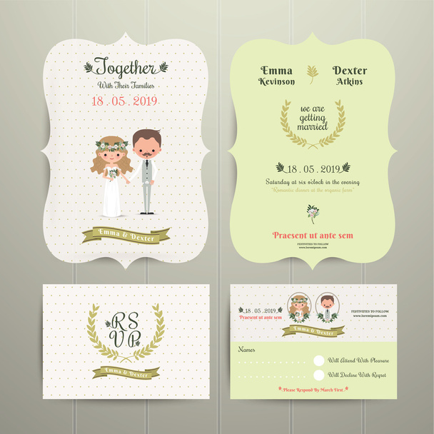 Braut & Bräutigam Cartoon romantischen Bauernhof Hochzeitseinladungskarte und  - Vektor, Bild