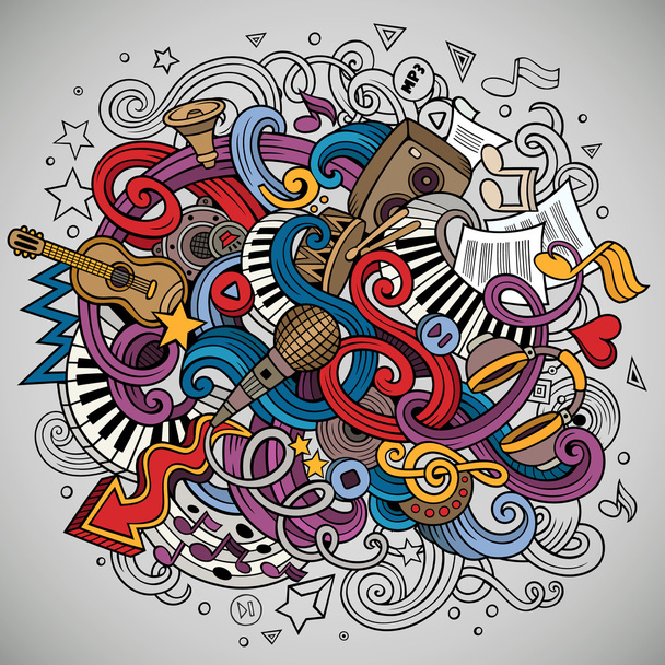 Cartoon handgetekende doodles muzikale illustratie - Vector, afbeelding