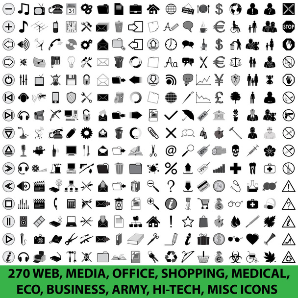 270 web, μέσα ενημέρωσης γραφείο, ψώνια, ιατρική, eco, στρατός, υψηλής τεχνολογίας, διάφορα εικονίδια - Διάνυσμα, εικόνα