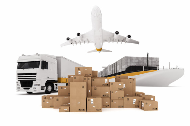 Cartons pile with aircraft ship and truck - Photo, Image