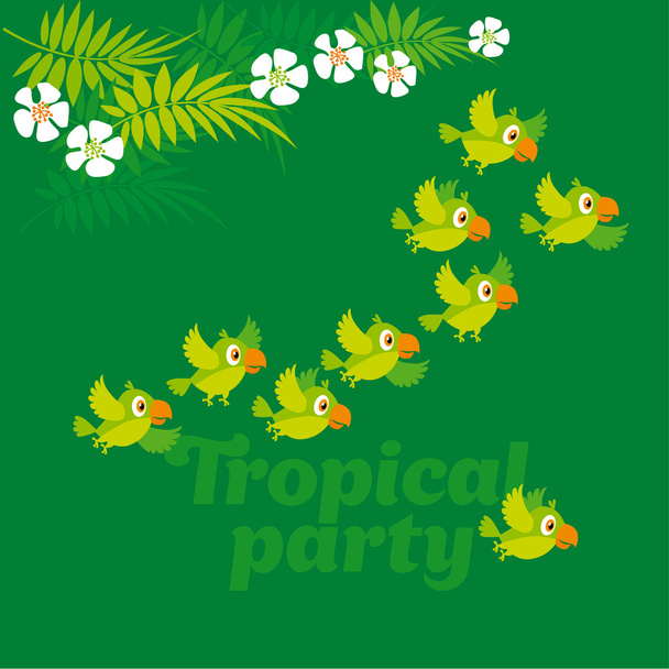 Yeşil papağan ve tropik çiçekler - Vektör, Görsel