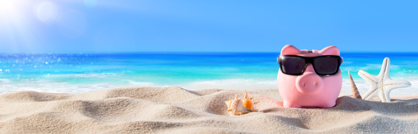 Piggy Bank con gafas de sol en la playa de vacaciones
 - Foto, imagen