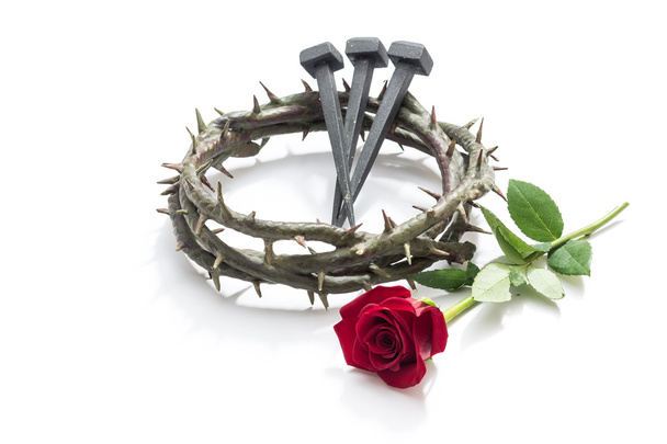 Jesucristo corona de espinas, clavos y una rosa
. - Foto, imagen