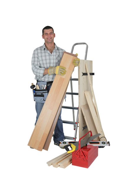 Carpenter with materials and tools - Φωτογραφία, εικόνα