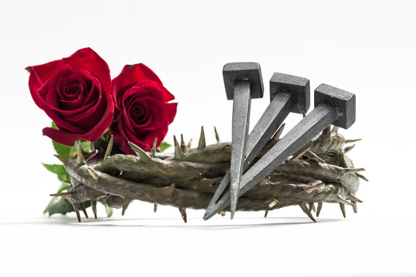 Jesus Christ crown of thorns, nails and two roses. - Photo, Image
