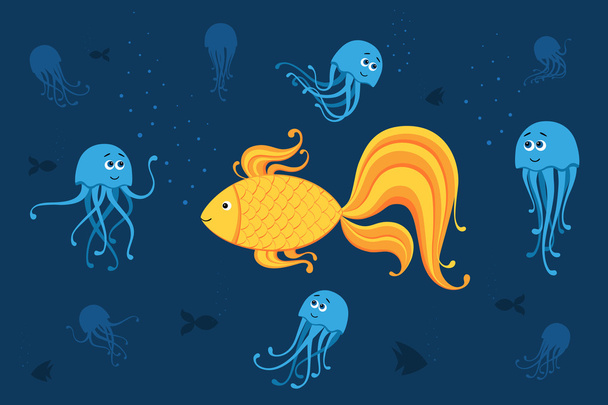 Vector  illustration of fish and jellyfishes - Вектор,изображение