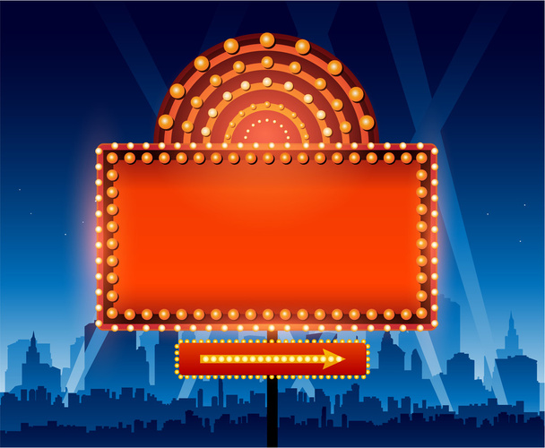 Яркий театр светящийся неоновый знак ретро-кино перед городским пейзажем
 - Вектор,изображение