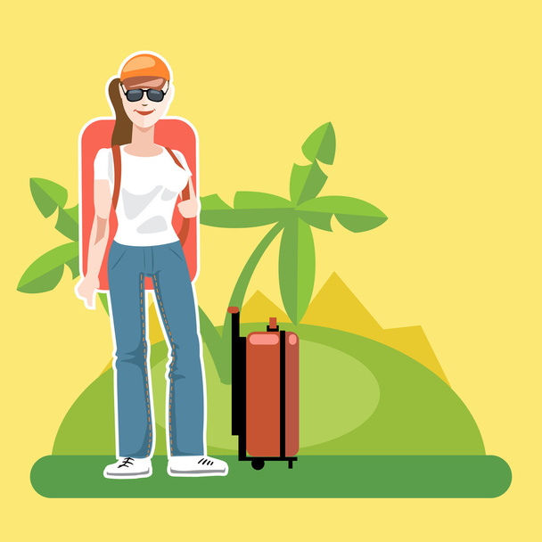 Дівчина турист з багажем прибуває на пляж з пальмами
 - Вектор, зображення