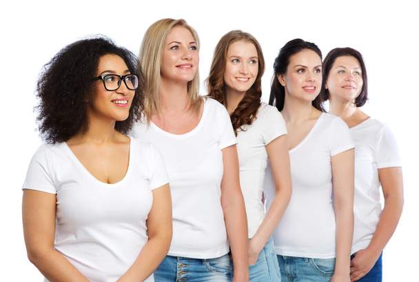 group of happy different women in white t-shirts - Фото, зображення