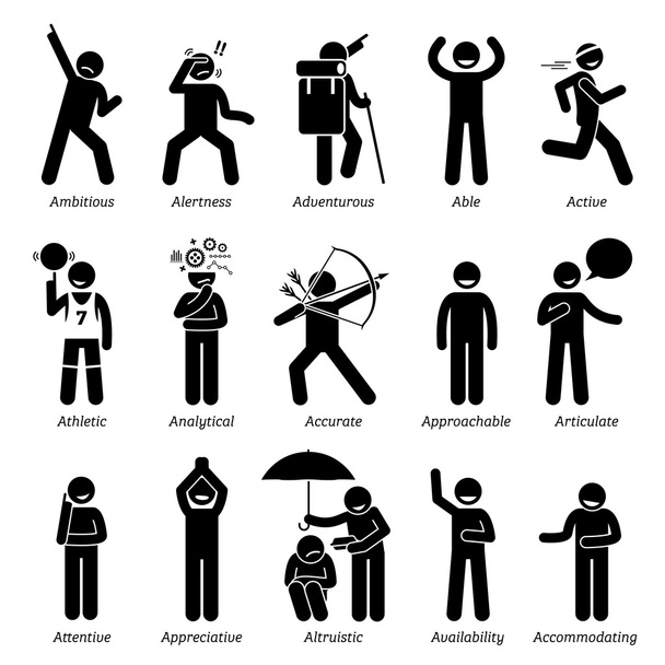 Positivo Good Personalities Character Traits. Figuras de palo Hombre iconos. Comenzando por el alfabeto A
. - Vector, Imagen