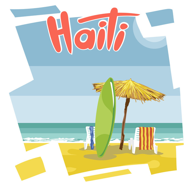 Haiti beach szórólap egy zöld szörfözés ellátással, egy esernyő, a széna és a strand székek, a törölközőt - Vektor, kép