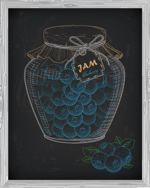 schönes Glas hausgemachte Marmelade mit Blaubeeren auf schwarzem Hintergrund - Vektor, Bild