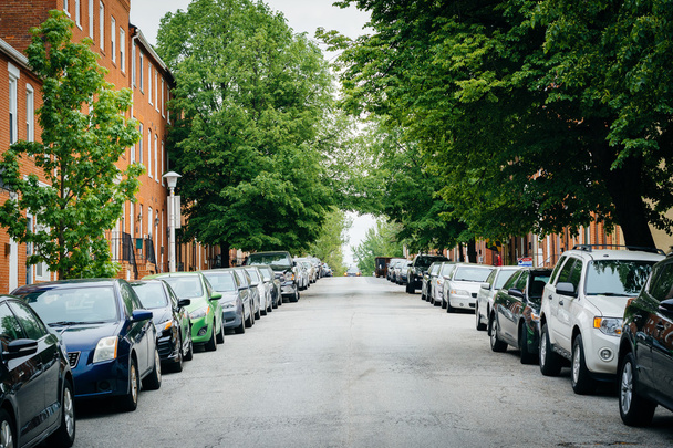 A tree-lined street in Federal Hill, Baltimore, Maryland. - Foto, Bild