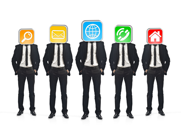 Group of businessmen with application icons instead of their hea - Photo, Image