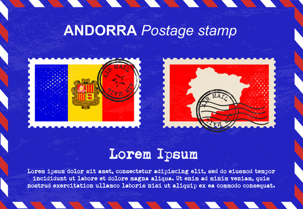 Andorra-postzegel, postzegel, vintage stempel, air mail envelop. - Vector, afbeelding