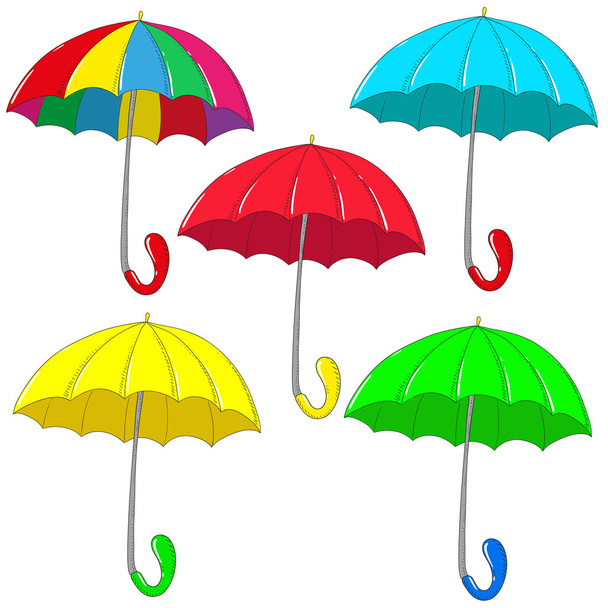 Set umbrellas. Blue, yellow, red, green, iridescent. - Διάνυσμα, εικόνα
