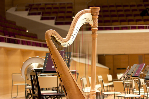 Harpa em uma grande sala de concertos. Instrumento música.A harpa de concerto
 - Foto, Imagem