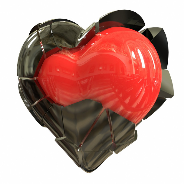 Gebroken hart, rood, goud, staal. 3D illustratie - Foto, afbeelding