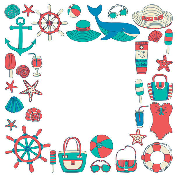 Big set with doodle images about beach fashion and travel - Vektör, Görsel