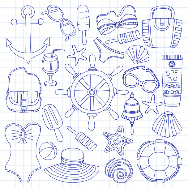 Big set with doodle images about beach fashion and travel - Vektori, kuva
