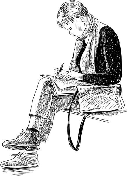 sketch of a writing woman - Wektor, obraz